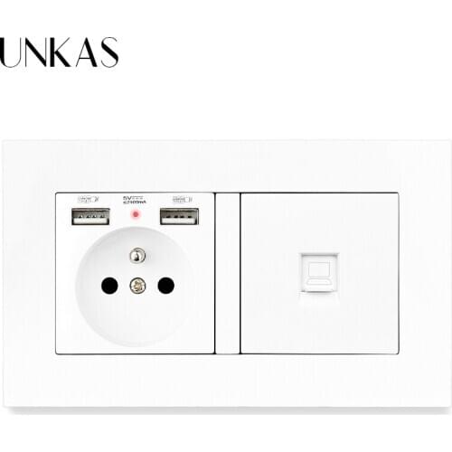 UNKAS PC Plastic Panel Gray French Standard Power Socket Grounded With Female RJ45 Computer Jack Dual USB For Mobile Grey Outlet