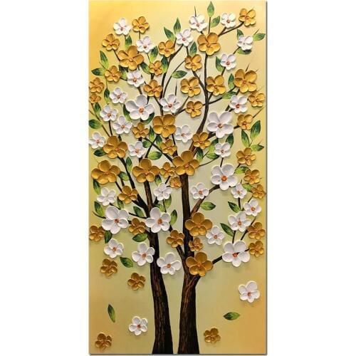 Hand Painted Tree Oil Paintings on Canvas Blossming Abstract Artwork Gold Wall Art for Living Room Flower Wall Picture