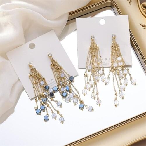 Rhinestone Handmade Crystal Beaded Chain Long Earrings Gradient Crystal Tassels Ear Dangle Earrings Jewelry