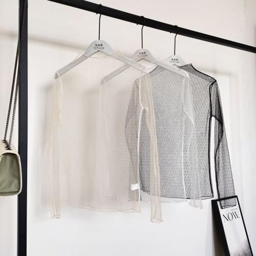 Mesh top women sexy sheer see through transparent top shirt ladies Long Sleeve turtleneck white t shirt black women top femme