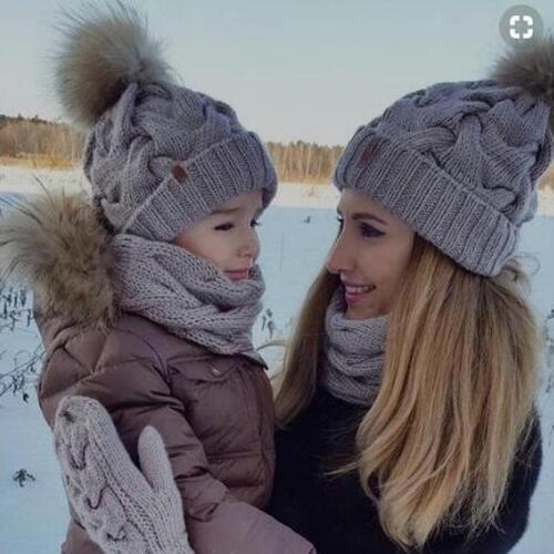 2Pcs Mom Baby Fur Pompom Hats Warm Winter Crochet Knit Wool Solid Color Beanie Caps For Women Boys Girls Matching Hats