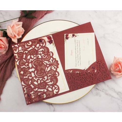 50X Burgundy rose gold navy trifold wedding invitation cards with envelope RSVP 3 fold laser cut invite fold cards Custom