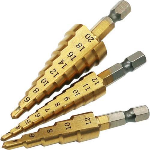 1/4" Shank Titanium Plated HSS Step Drill Hex Shank Drill Metal Perforated Drill Bit Multi-tool Table Tower Drill 4-20 Steps