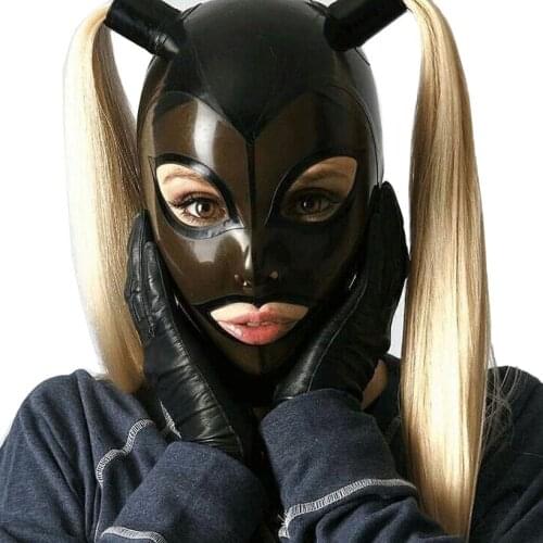 Unisex Transparent Black Face Latex Mask Gummi Fetish Dance Hood with Hairs Handmade Costumes S-LM261