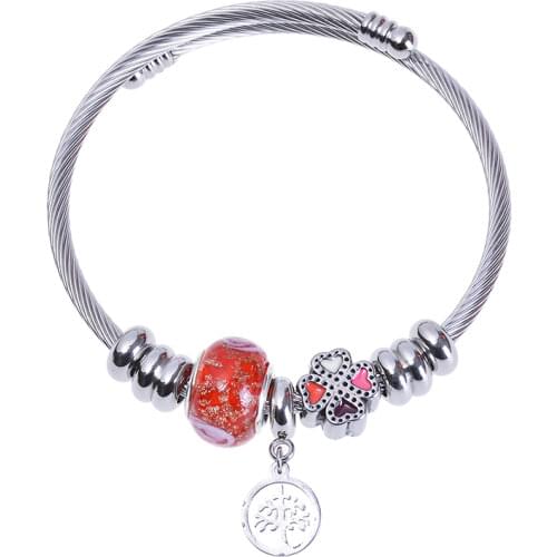 Stainless steel bracelet four leaf grass blackened retro Bracelet womens metal titanium steel bracelet open Bracelet