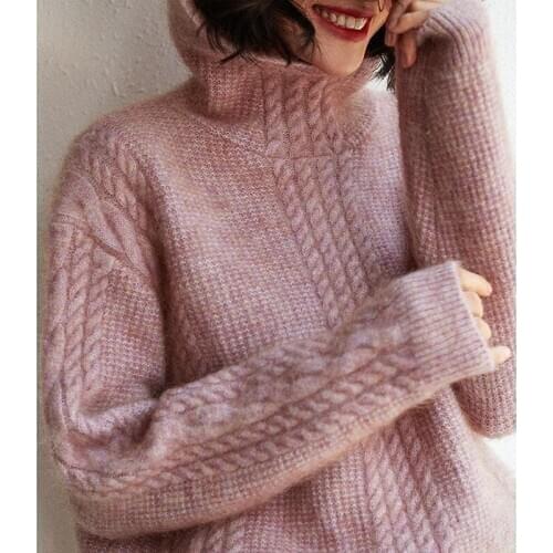 Women Sweater Winter Warm Thick Pink Pullover Sweater Wool Twisted Mohair Hooded Loose Pull Femme Nouveaute 2019