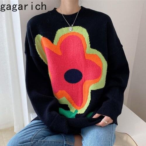 Gagarich Women Sweater Korean Chic Autumn Winter Retro Color Contrast Big Flower Loose Casual Warm Knitted Female Pullovers