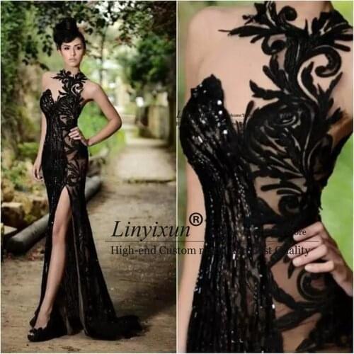 Sexy Elegant Mermaid Prom Dresses Beading Split Appliqued Prom Gown High Neck Sequins Real Image Cheap Long Formal Evening Gowns