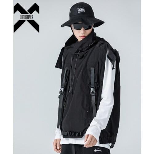 Hip Hop Tactical Turtleneck Cargo Vest Hooded Jackets Men Functional Coat Sleeveless Casual Men Coat Techwear WB261