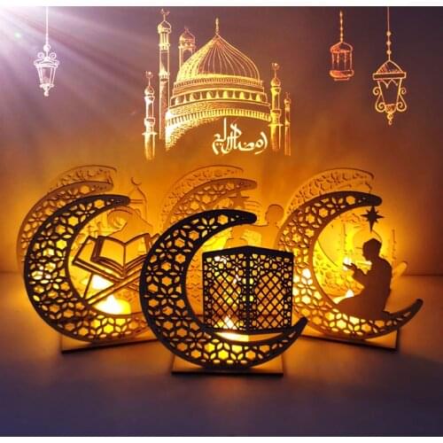 1Pcs 14cm Led Lantern Ramadan Eid Decor Wood Mubarak Moon Fairy Light Decorations for Muslim Islamic Holiday Home Ornament