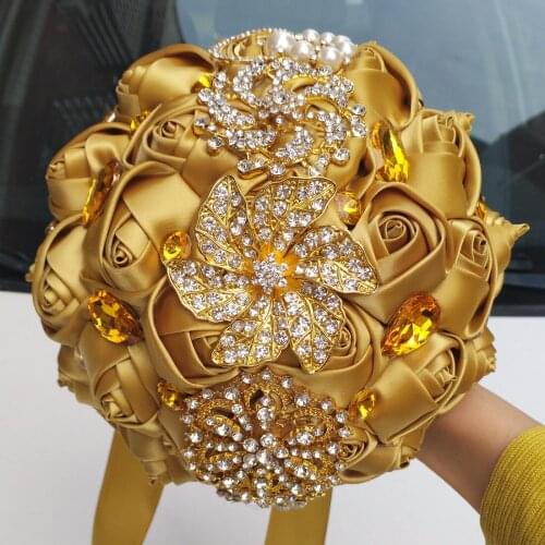 1pcs Romantic Wedding Bride Holding Flowers Bouquet With Rose Flower Gold Diamond Artificial Bouquet Wedding Flowers Decoration