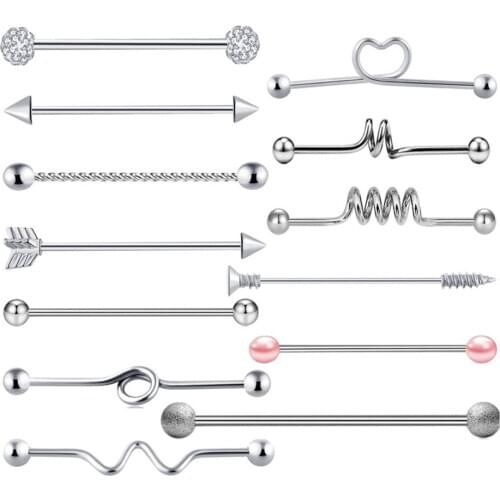 13pcs 14G Stainless Steel Industrial Barbell Earring Body Piercing Jewelry