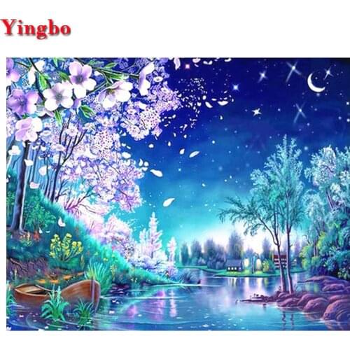 5D DIY Full circle Diamond Painting Cross Stitch landscape series sakura/moon/boat diamond Embroidery mosaic wall stickers