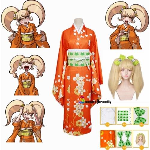 Anime Super Danganronpa 2 Hiyoko Saionji Hiyoko Kimono Cosplay Costume wigs shoes Orange Dress Kimono Dress Kostuums Halloween
