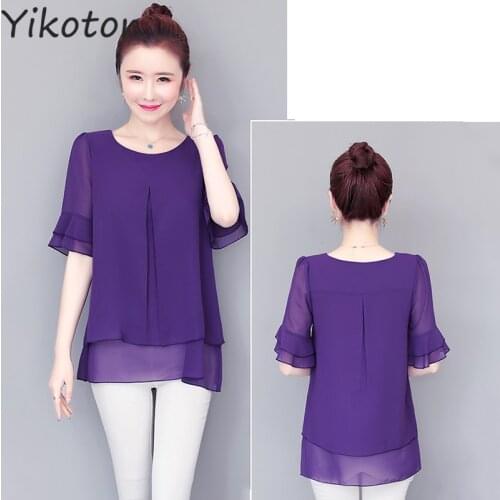 Yikoton New 2021 Summer Women Blouse Pullover Shirt O-Neck Chiffon Blusas Female Short Sleeve Blouse Big Size Shirts Top Camisas