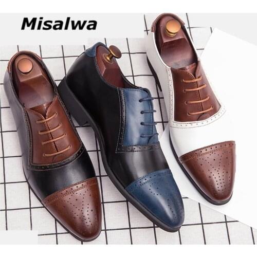 Misalwa Full Brogue New British Men Leather Shoes Oxford White Blue Pointed Elegant Wedding Party Men Dress Shoes Dropshipping