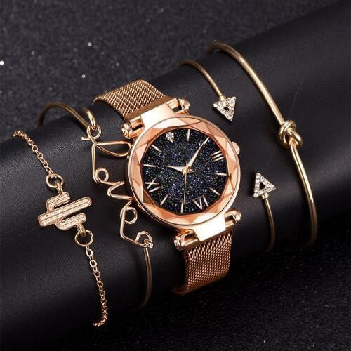 Fashion Bracelet Watches Women 5 Pcs Set Luxury Rose Gold Lady Watches Starry Sky Magnet Buckle Gift Watch for Female