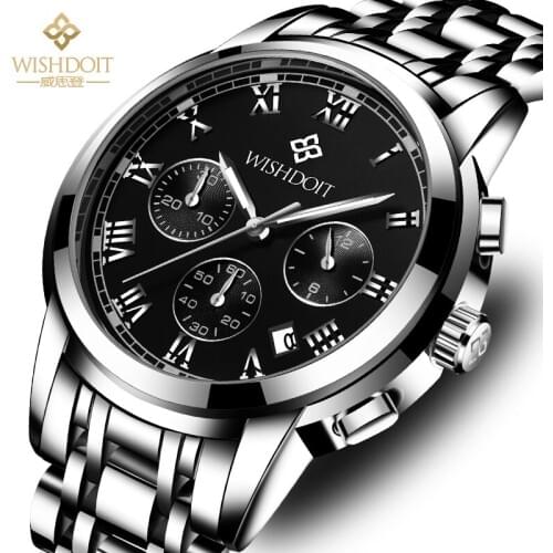 WISHDOIT Mens Watch Top Luxury Brand All Steel Waterproof Sports Quartz Watch Mens Fashion Date Clock Chronograph