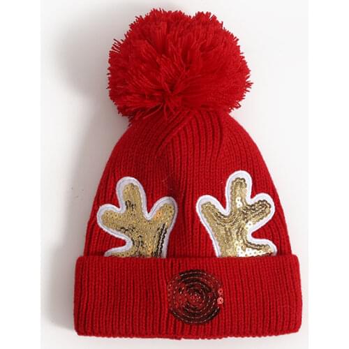 Kids Boy Girl Christmas Hat Winter Warm Children Woolen Cap Cute Elk Deer Baby Knitted Hats Big Ball Beanies Party Caps 1-5 Y