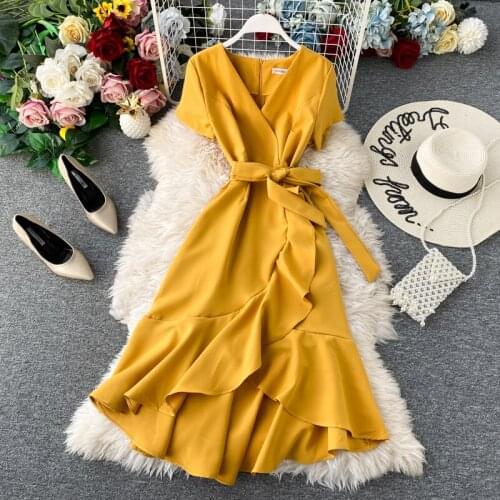Elegant Women Office Dress Vestidos Mujer Summer Sexy V Neck Bandage Ruffles Kneet Dressses Ladies Casual Bodycon Long Robe