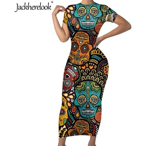 Jackherelook Vintage Sugar Skull Pattern Elegant Long Party Pencil Dress for Womens Short Sleeve Sexy Slim Bodycon Dresses 2020