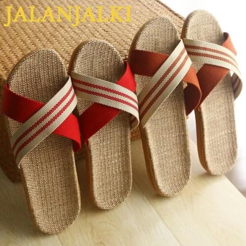 JALANJALKI Fashion Women Home Slippers Bedroom Flax Slide Men Couple Shoes Linen EVA Family Non-slip Sandals Unisex Indoor Shoes