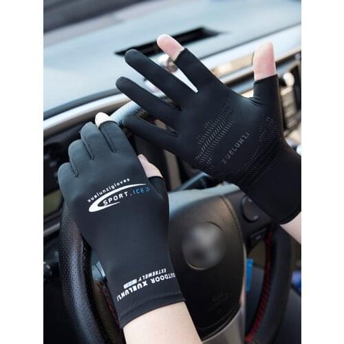 Summer Mens Sunscreen Gloves Female Fishing Ice Silk Half-finger UV Protection Outdoor Driving Speed Black Fingerless Gloves