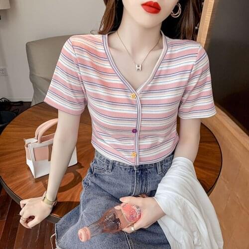 Summer new rainbow stripe Short sleeve T Shirt Women Short High waist Summer New Tshirt Korean V Neck Female Tops woman tshirts