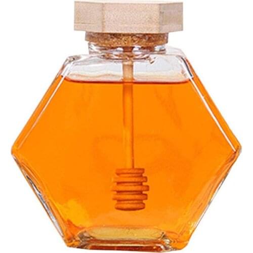 220ML/380ML Hexagonal Glass Honey Bottle with Wooden Stirring Rod