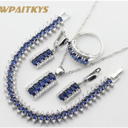 4PCS Blue Cubic Zirconia Silver Color Color Jewelry Sets For Women Bracelets Necklace Pendant Earrings Rings Free Gift Box
