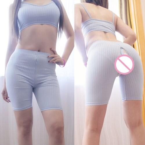 Outdoor Sex Pants With Holes Open Croch Lingerie Zipper Trousers Hosen Frauen Women Biker Shorts Tank Tops Two Piece Set Clothes