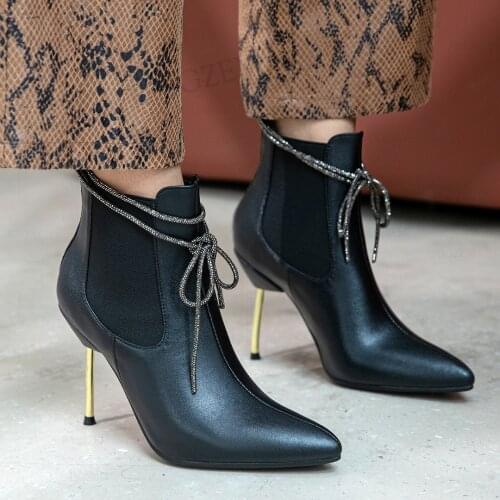 LAIGZEM Women Ankle Boots Real Leather Pointed Toe Metal Heels Short Booties Elastic Band Ladies Shoes Woman Size 33 39 40 43