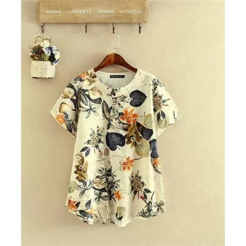 Plus size O-Neck short Sleeve women t shirts 2018 cotton linen fashion floral print t-shirts women tops tshirts summer tee shirt