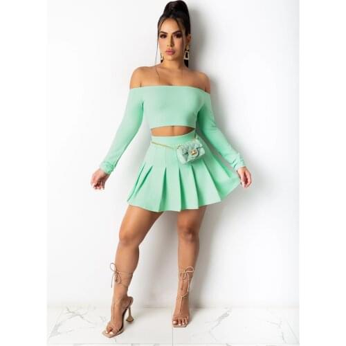 Imcute Two Pieces Set Spring Summer Solid Off shoulder Full Sleeve Tops shirt + Pleated Mini Dress Elegant Sexy Club Party Suit