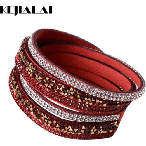 Kejialai 2018 Fashion Jewelry Women Wrap Crystal Bracelets Female Leather Charm Flannelette Stone Bracelet Rows Charm KJL009