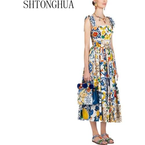 SHTONGHUA Runway Summer Blue And White Porcelain Print Long Dress Sexy Women Bow Halter Party Vestidos Vintage Floral Midi Dress