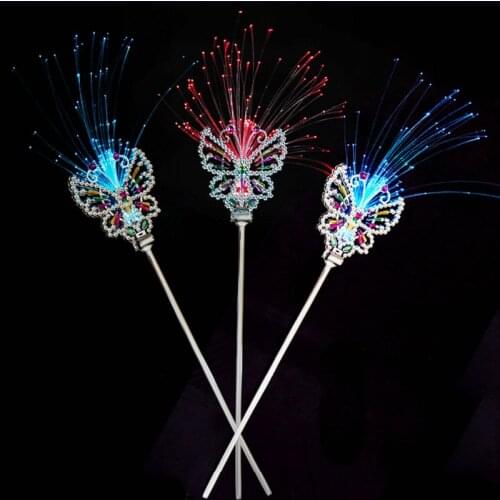 1pcs Rhinestone Fiber Light Girls Princess Fairy LED Butterfly Magic Wand Stick Toy Party Cosplay Props Christmas Halloween