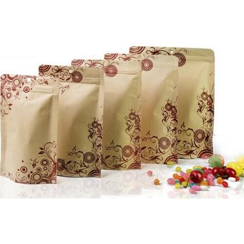 100 Pcs Stand-up Kraft Paper Food Packaging Bag with Flower Pattern Design, Pouch for Gift Food Nuts Cookie Candy Baking Tea