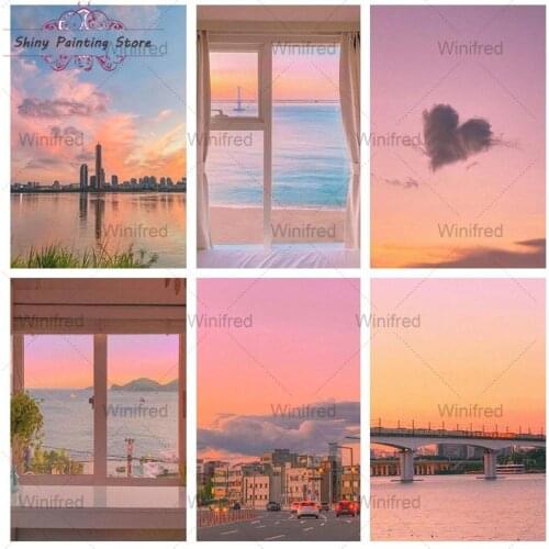 5D DIY Diamond Painting Pink Sky Cloud Landscape Mosaic Natural Sunset Scenery Picture Wall Art Sticker Diamond Embroidery Decor