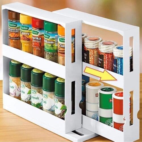 2 Layer Storage Kitchen Rotating Organizer Spices Jar Bottle Rack Shelves Slide Cabinet Bathroom Accessories Wine Holder