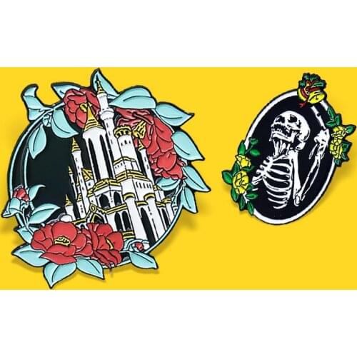 Castle Skeleton Painting Enamel Pin Night White Castle Red Flower Art Oil Painting Mirror Brooches Lapel Badge Jewelry for Kids