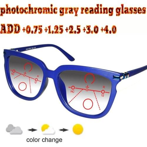 Photochromic Gray Progressive Multifocal Reading Glasses Men Woem Ultralight Metal Frame+1.0 +1.5 +1.75 +2.0 +2.5 +3 +3.5 +4