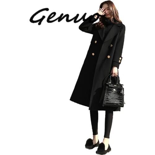 Genuo New 2020 Winter Korean Version Loose Black Woolen Coat Womens Medium-length Double Breasted Wool Jacket Outwear