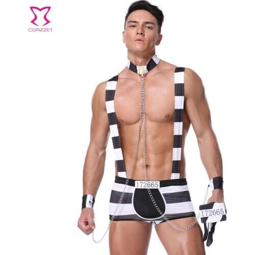 Black and White Striped Sexy Male Prisoner Jumpsuits Suits Halloween Cosplay Costumes High Quality Stage Uniform For Man
