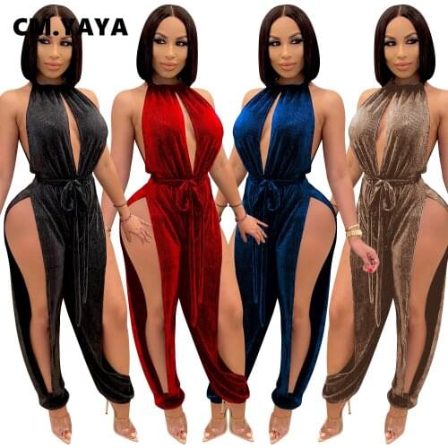 CM.YAYA Autumn Sleeveless Womens High Slit Jumpsuit Sexy Club Party One Piece Overall High Waist Bodycon Halter Rompers Outfit