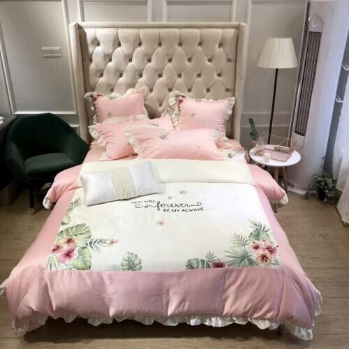 Pink/White Blue Luxury Flowers Embroidery Silk Cotton Girl Bedding Set Ruffle Duvet Cover Bed sheet Bed Linen Pillowcases 4/6pcs