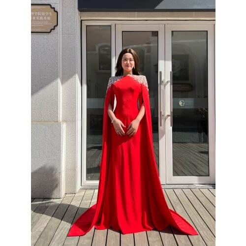 Red Elegant Gowns Mermaid Arabic Fashion Ladies Eveningdress Luxury Party Dress Long Sleeves Beaded Daimond Beading