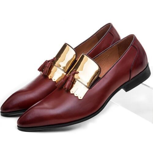 Fashion Black / Wine Red Loafer Mens Wedding Shoes Genuine Leather Dress Shoes Male Formal Shoes With Tassel