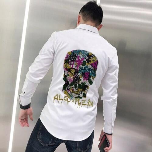 New Skull Hot Diamond Style Mens T-Shirt Exquisite Buttons Business Trend Lapel Long Sleeve Personalized Work Clothes
