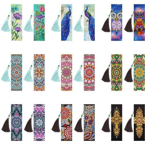 2Pcs Diamond Art Embroidery Kit Leather Bookmark DIY Craft 5D Special Shaped Diamond Painting Tassel Book Marks for Adults Gifts